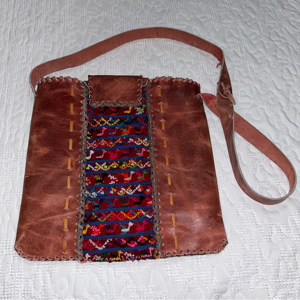 Beautiful Artisan Mayan Huipil Leather Crossbody - Picture 3 of 8
